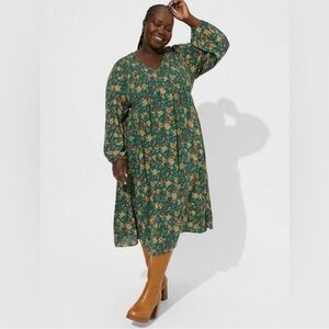 Torrid Midi Washable Gauze Smocked Bodice Long Sleeve Dress Plus Size 3X